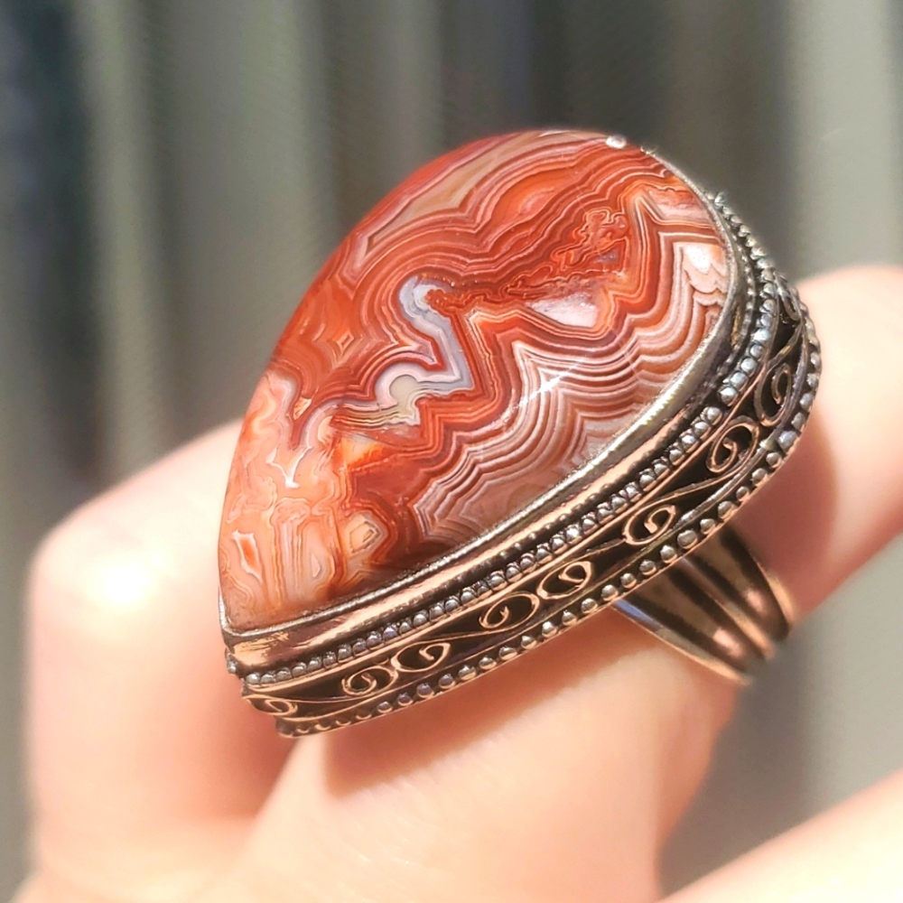 Crazy Lace Agate Unique 925 Stamped Statement Ring